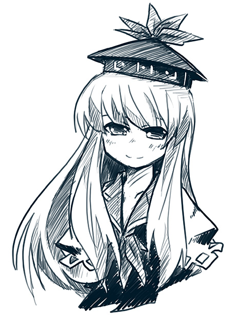stroma, kamishirasawa keine, touhou, 1girl, blue theme, female focus, hat, monochrome, sketch, solo