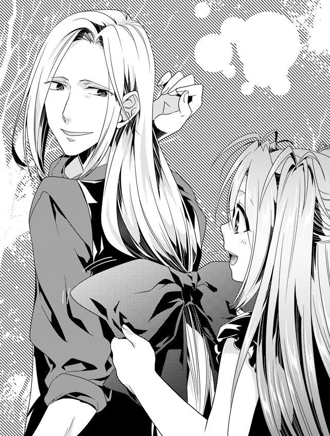 ikuhashi muiko, yukifune airi, robotics;notes, science adventure, 1boy, 1girl, blush, fingernails, greyscale, hair between eyes, hair ornament, kimijima kou, long hair, long sleeves, looking at another, monochrome, open mouth, shirt, smile, upper body, very long hair