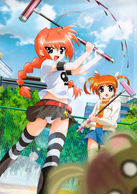 okuda yasuhiro, graf eisen, takamachi nanoha, vita (nanoha), yuuno scrya, lyrical nanoha, mahou shoujo lyrical nanoha, mahou shoujo lyrical nanoha a's, black legwear, striped legwear, white legwear, official art, third-party edit, >:d, 00s, 2girls, :d, :o, ahoge, arm garter, belt, blood, blood on face, blue eyes, blue sky, blurry, boots, bow, bowtie, braid, building, chain-link fence, cloud, coat, cross, day, depth of field, drawstring, fence, ferret, flat chest, frills, gothic lolita, hair between eyes, hair intakes, hair ribbon, hammer, holding, hood, huge ahoge, knee boots, latin cross, lens flare, light rays, lolita fashion, long hair, long sleeves, looking at viewer, midriff, miniskirt, motion blur, multiple girls, navel, o o, open clothes, open coat, open mouth, orange hair, outdoors, panties, pantyshot, pleated skirt, red hair, ribbon, scrunchie, shirt, short hair, short sleeves, short twintails, single braid, skirt, skull print, sky, smile, standing, striped clothes, striped thighhighs, sunbeam, sunlight, surprised, t-shirt, thighhighs, tree, turtleneck, twintails, underwear, upskirt, v-shaped eyebrows, weapon, white panties, zettai ryouiki
