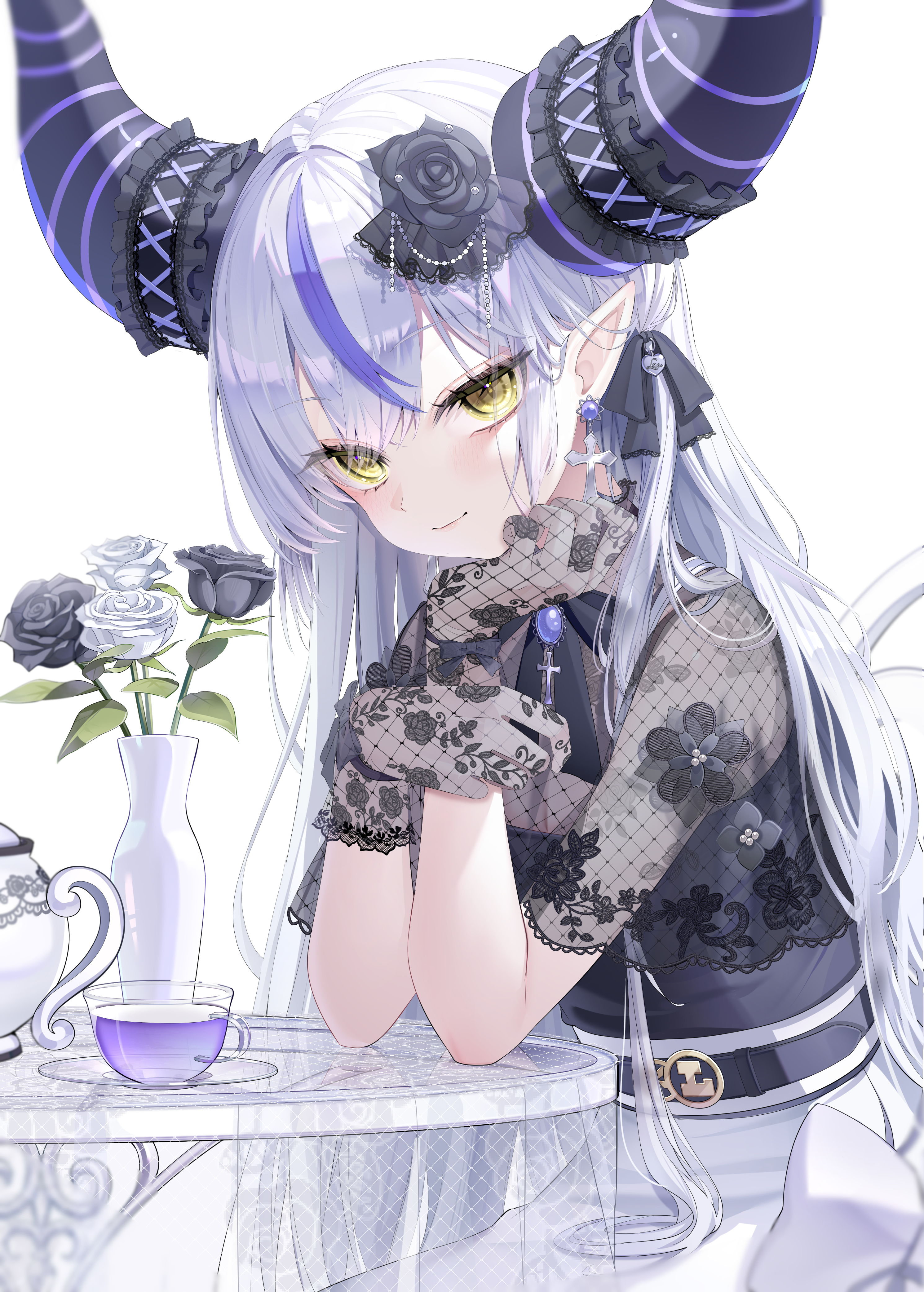 piyokuma, la+ darknesss, hololive, absurdres, commentary request, highres, 1girl, belt, black belt, black flower, black gloves, black ribbon, black rose, closed mouth, cross, cross earrings, cup, demon girl, demon horns, earrings, flower, gloves, hair flower, hair ornament, horns, jewelry, lace, lace gloves, multicolored hair, neck ribbon, pointy ears, purple hair, ribbon, rose, simple background, skirt, smile, solo, streaked hair, table, teacup, teapot, vase, virtual youtuber, white background, white flower, white hair, white rose, white skirt, yellow eyes