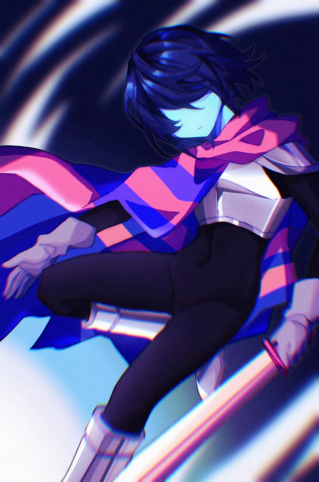 laylayhappy, kris (dark world) (deltarune), kris (deltarune), deltarune, utdr (toby fox), commentary, highres, 1other, armor, armored boots, armored gloves, black background, black bodysuit, black hair, blue skin, blurry, blurry background, bodysuit, boots, chromatic aberration, closed mouth, colored skin, covered navel, elbow gloves, expressionless, facing viewer, film grain, foot out of frame, gloves, grey armor, grey boots, grey gloves, head tilt, holding, holding sword, holding weapon, knee boots, no eyes, other focus, pink scarf, purple scarf, scarf, short hair, shoulder armor, simple background, solo, standing, standing on one leg, striped clothes, striped scarf, sword, two-tone scarf, weapon