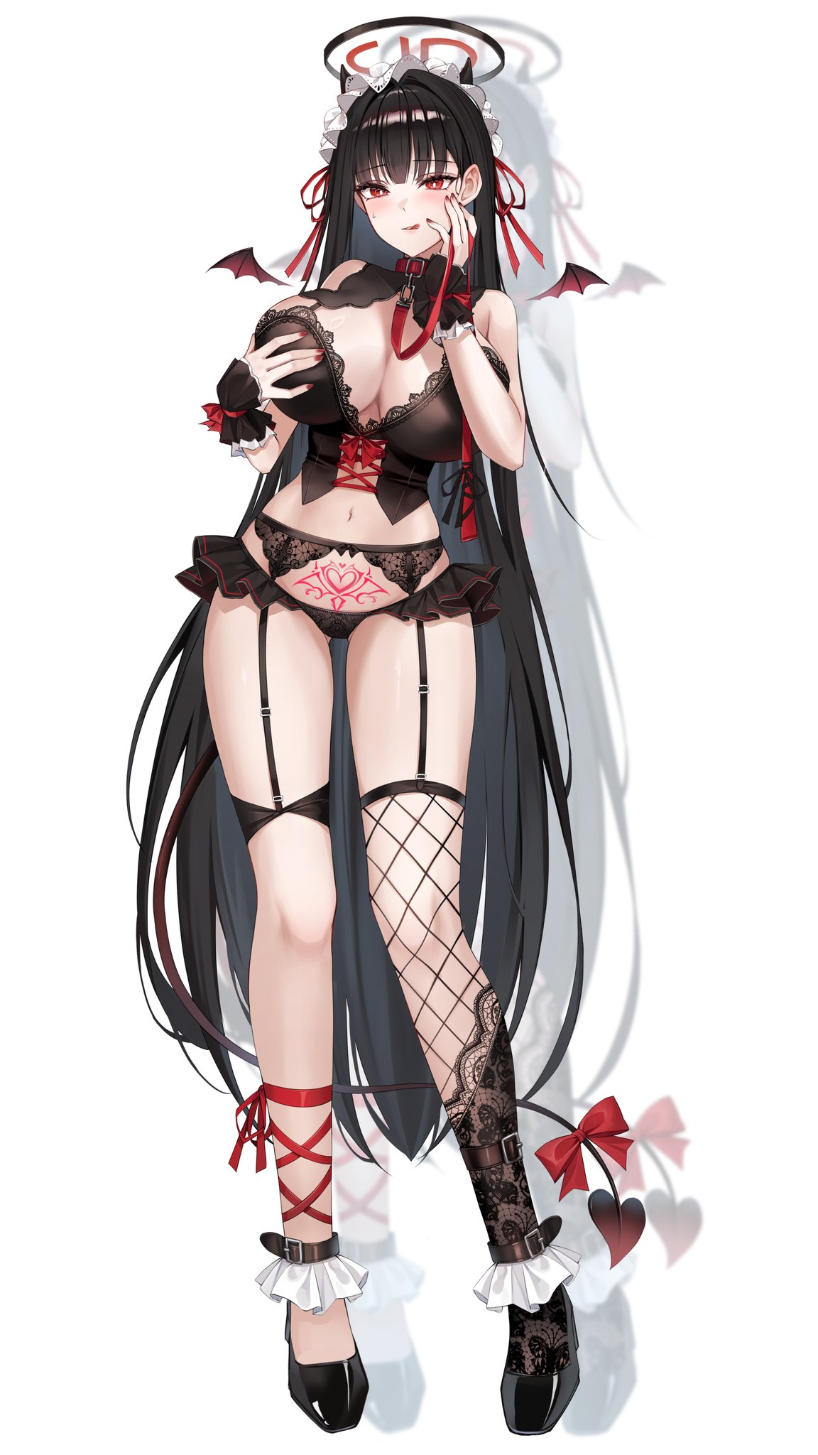 pippin (pippin sol), rio (blue archive), blue archive, commentary request, highres, 1girl, :q, alternate costume, black garter belt, black hair, black halo, black panties, black shoes, blush, breasts, bright pupils, cleavage, demon tail, fingernails, fishnet thighhighs, fishnets, garter belt, grabbing own breast, halo, hands up, high heels, large breasts, long hair, looking at viewer, multicolored halo, nail polish, panties, pubic tattoo, red eyes, red halo, red nails, shoes, simple background, single thighhigh, solo, spade (shape), tail, tattoo, thighhighs, tongue, tongue out, two-tone halo, underwear, very long hair, white background, zoom layer