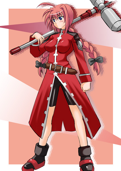 zerosu (take out), graf eisen, vita (nanoha), lyrical nanoha, mahou shoujo lyrical nanoha, mahou shoujo lyrical nanoha strikers, 00s, 1girl, aged up, ahoge, belt, bike shorts, blue eyes, braid, female focus, hammer, long coat, pink hair, solo, twin braids