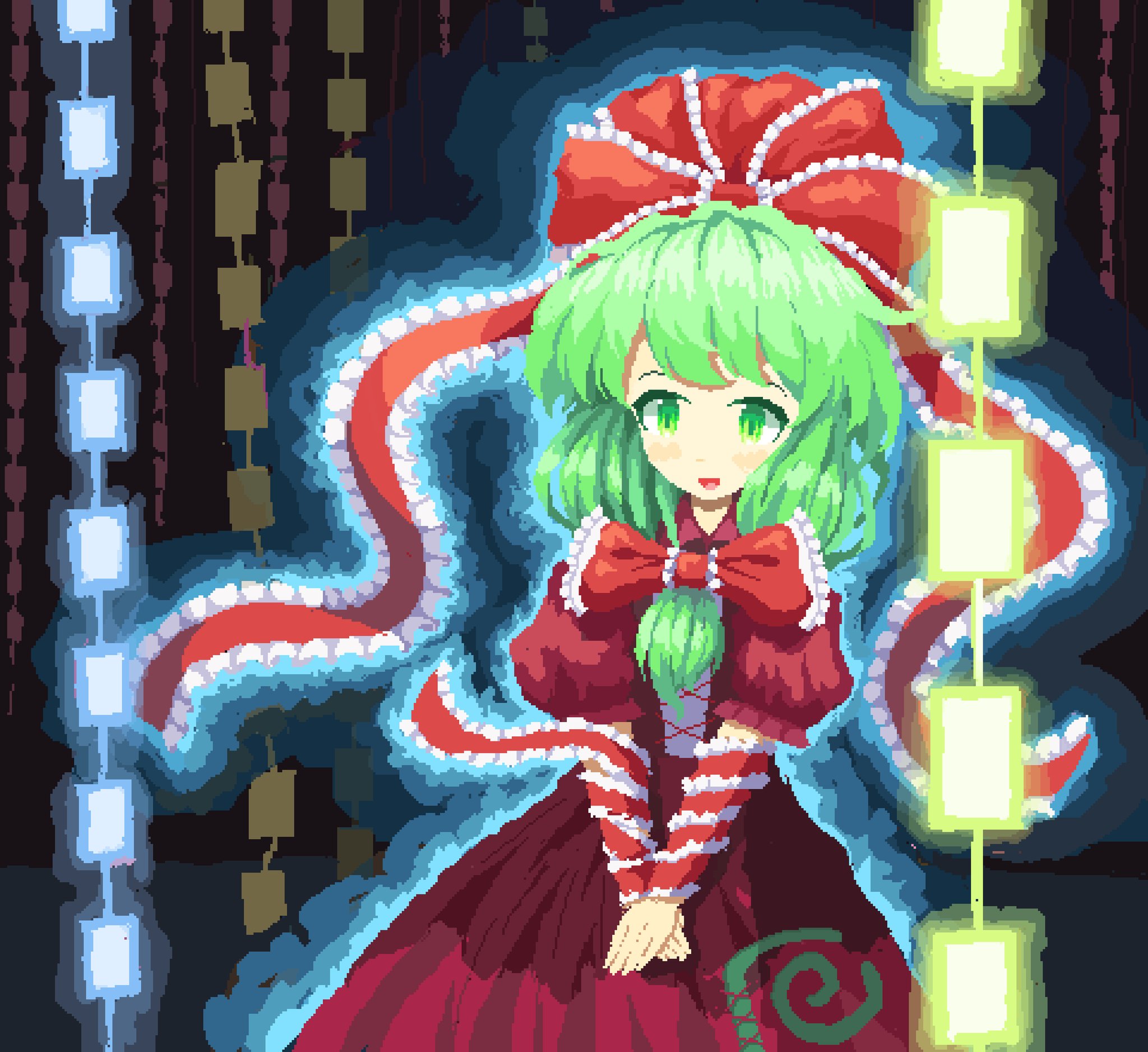 02charaice20, kagiyama hina, touhou, highres, 1girl, dress, front ponytail, green eyes, green hair, hair ribbon, long hair, red dress, red ribbon, ribbon, short sleeves, solo