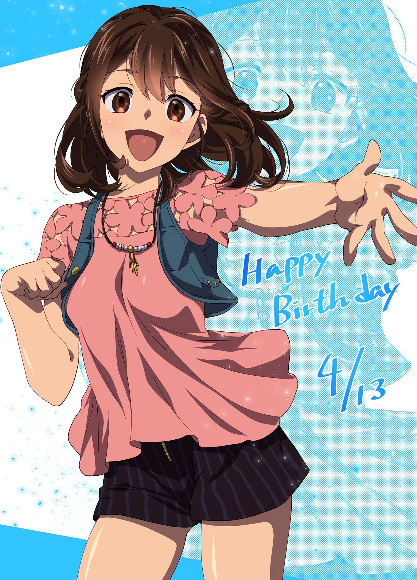 ikuhashi muiko, senomiya akiho, robotics;notes, robotics;notes dash, science adventure, highres, 1girl, :d, blue vest, blush, breasts, brown eyes, brown hair, casual, cowboy shot, denim vest, floating hair, floral print, long hair, looking at viewer, open mouth, outstretched arm, outstretched arms, shiny skin, short shorts, short sleeves, shorts, small breasts, smile, solo, standing, striped clothes, striped shorts, thighs, vest