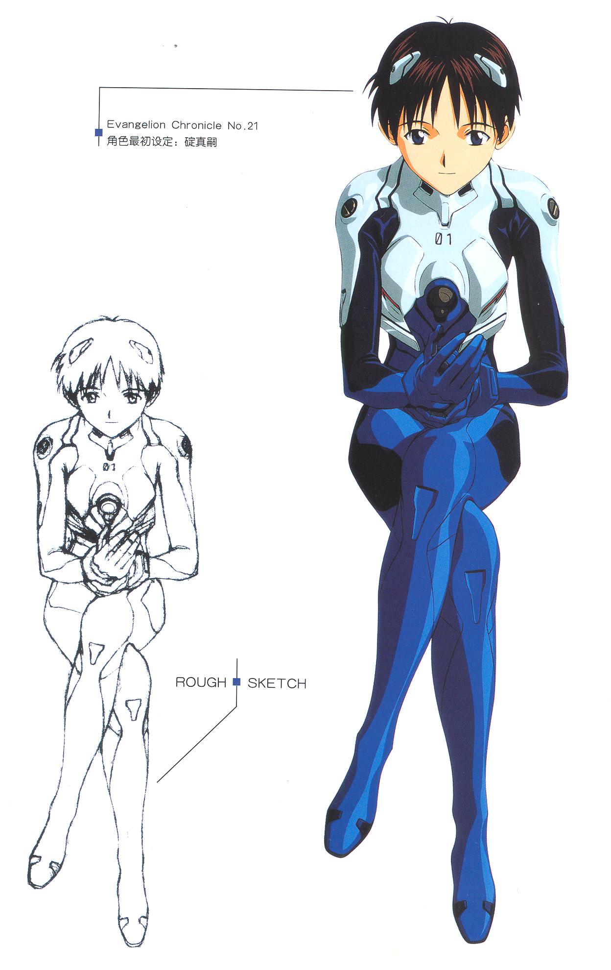 fukano youichi, ikari shinji, neon genesis evangelion, highres, official art, scan, 1boy, androgynous, blue eyes, brown hair, crossed legs, interface headset (evangelion), male focus, mecha pilot suit, plugsuit (evangelion), short hair, sketch