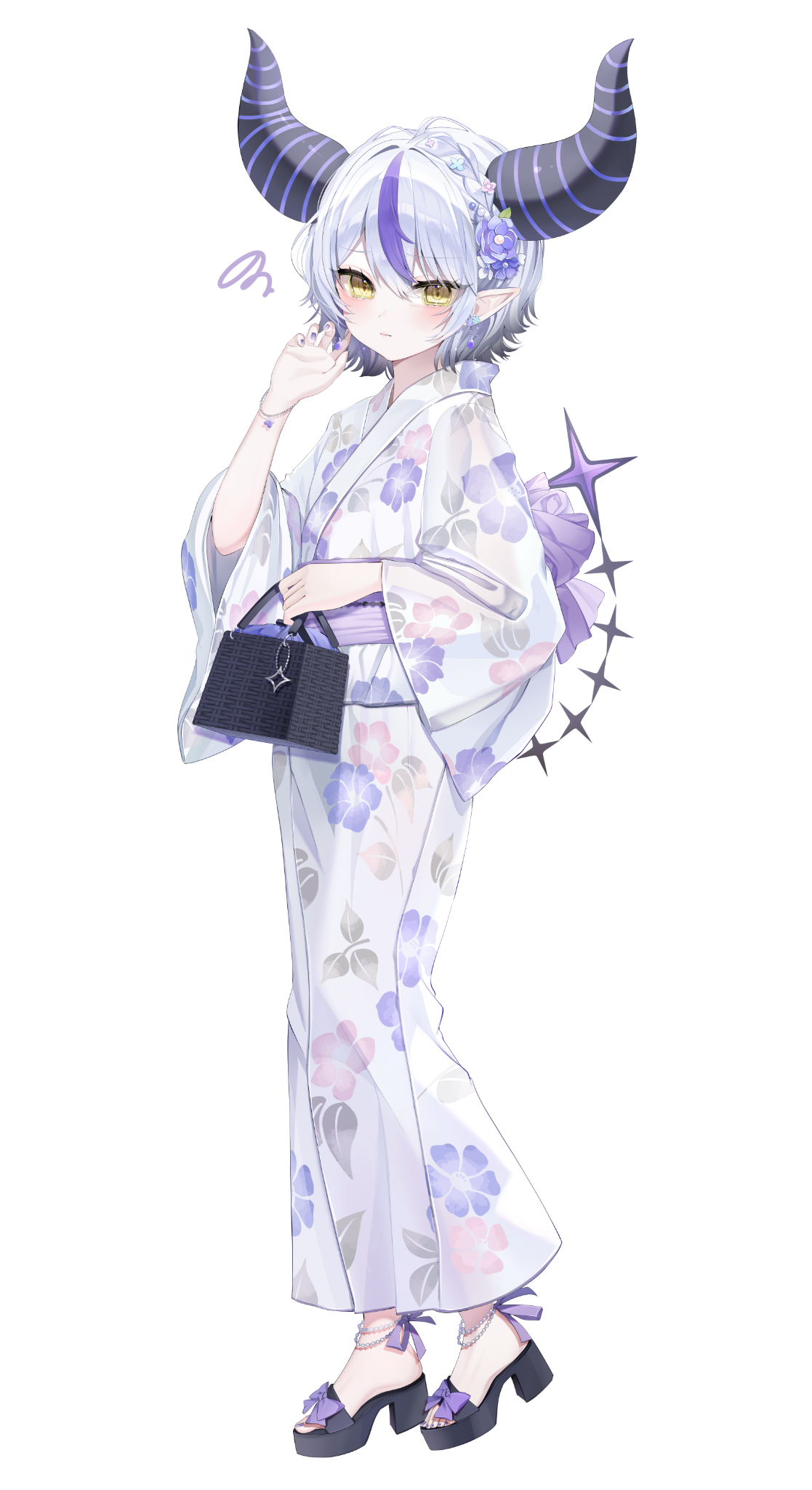 piyokuma, la+ darknesss, hololive, commentary, highres, 1girl, ahoge, alternate costume, anklet, bag, bead anklet, beads, black horns, bracelet, braid, closed mouth, demon girl, demon horns, double-parted bangs, earrings, floral print, floral print kimono, flower, full body, hair between eyes, hair flower, hair ornament, hand up, holding, holding bag, horns, japanese clothes, jewelry, kimono, looking at viewer, multicolored hair, platform sandals, pointy ears, print kimono, purple sash, sandals, sash, shadow, short hair, side braid, simple background, slit pupils, solo, streaked hair, striped horns, tail, virtual youtuber, white background, white hair, white kimono, wide sleeves, yellow eyes