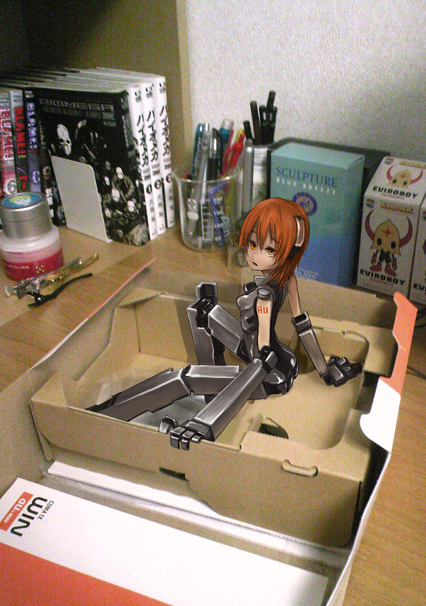 yan (ka yan), z-ton, kddi, bad id, bad pixiv id, photo (medium), au-tan, box, brown hair, figure (medium), in box, in container, mecha musume, mini person, minigirl, photo background, short hair, solo