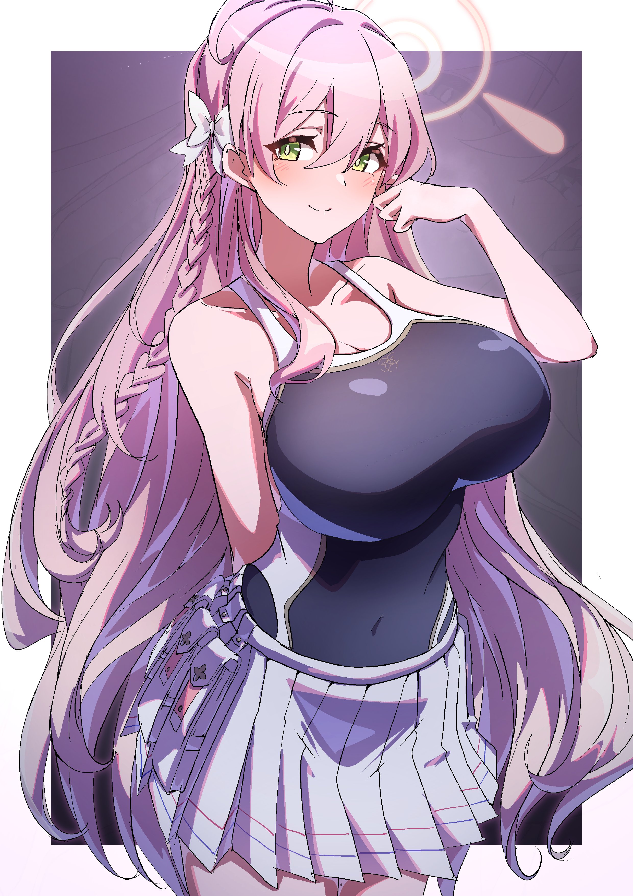 to (tototo tk), hanako (blue archive), blue archive, absurdres, highres, 1girl, ahoge, braid, breasts, bright pupils, green eyes, halo, huge breasts, long hair, one-piece swimsuit, pink hair, pleated skirt, side braid, skirt, smile, swimsuit, swimsuit under clothes, trinity general school swimsuit, very long hair, white pupils