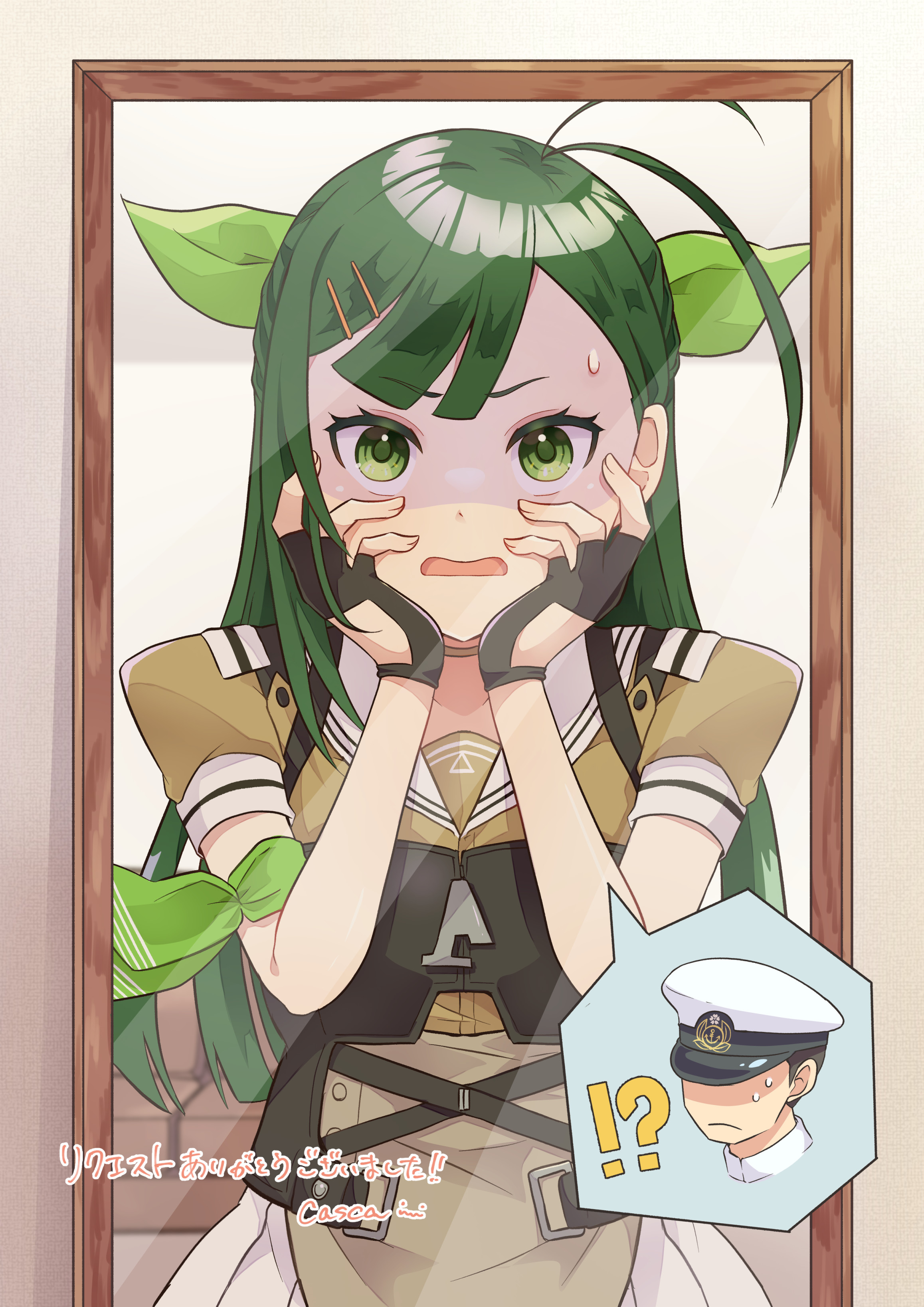 casca (casca bask), admiral (kancolle), sugi (kancolle), kantai collection, absurdres, commission, highres, skeb commission, !?, 1girl, ahoge, antenna hair, black gloves, body switch, dress, fingerless gloves, gloves, green eyes, green hair, hair ribbon, indoors, long hair, looking at mirror, mirror, personality switch, pleated skirt, ribbon, sailor collar, school uniform, serafuku, shirt, short sleeves, skirt, solo
