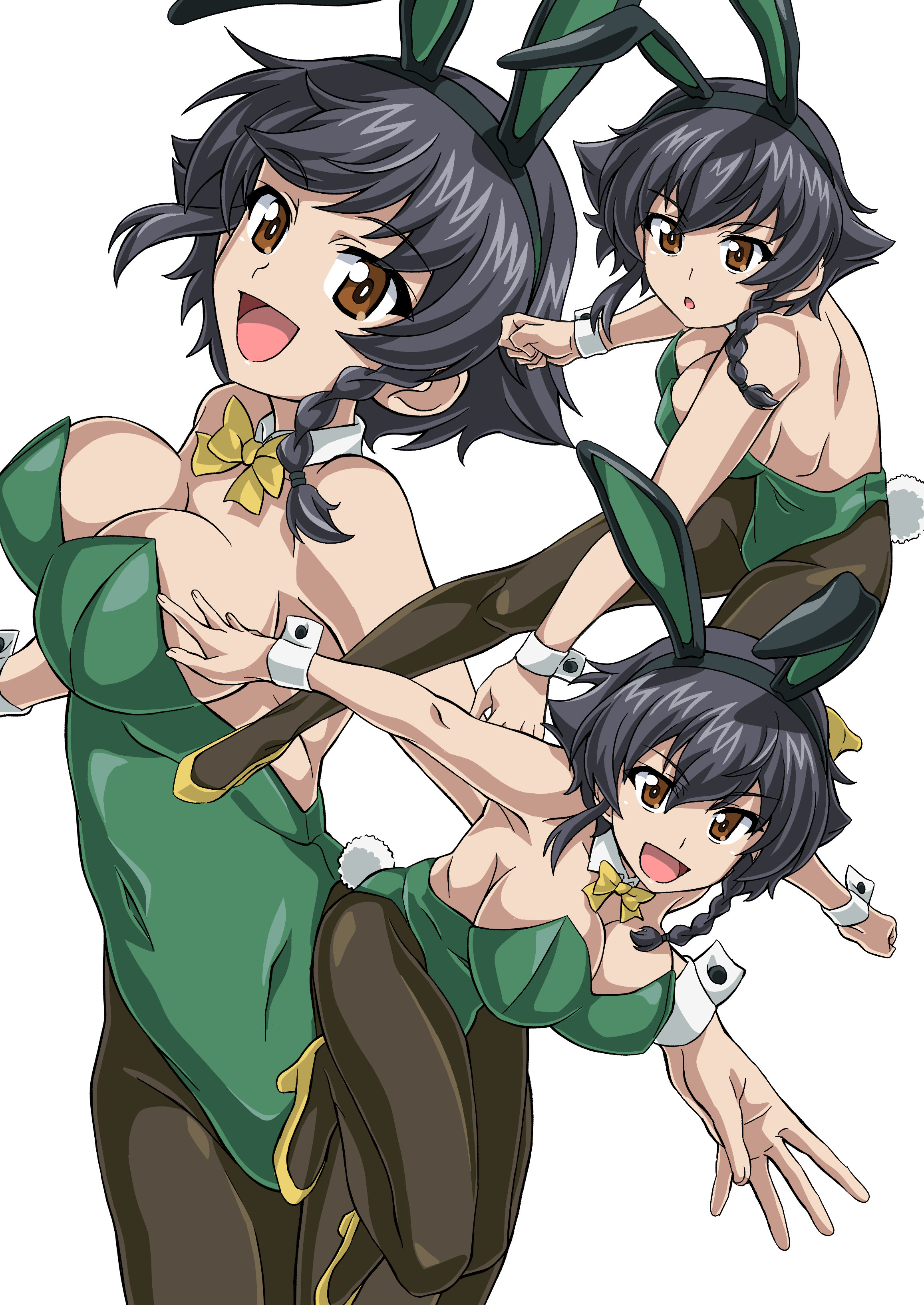 9s0ykoyama117, pepperoni (girls und panzer), girls und panzer, absurdres, highres, 1girl, animal ear hairband, animal ears, black bow, black bowtie, black hair, bow, bowtie, braid, breasts, brown eyes, cleavage, detached collar, fake animal ears, flipped hair, green leotard, hairband, leotard, medium breasts, multiple views, pantyhose, playboy bunny, rabbit ears, rabbit tail, short hair, side braid, simple background, smile, strapless, strapless leotard, tail, white background, wrist cuffs, yellow bow, yellow bowtie