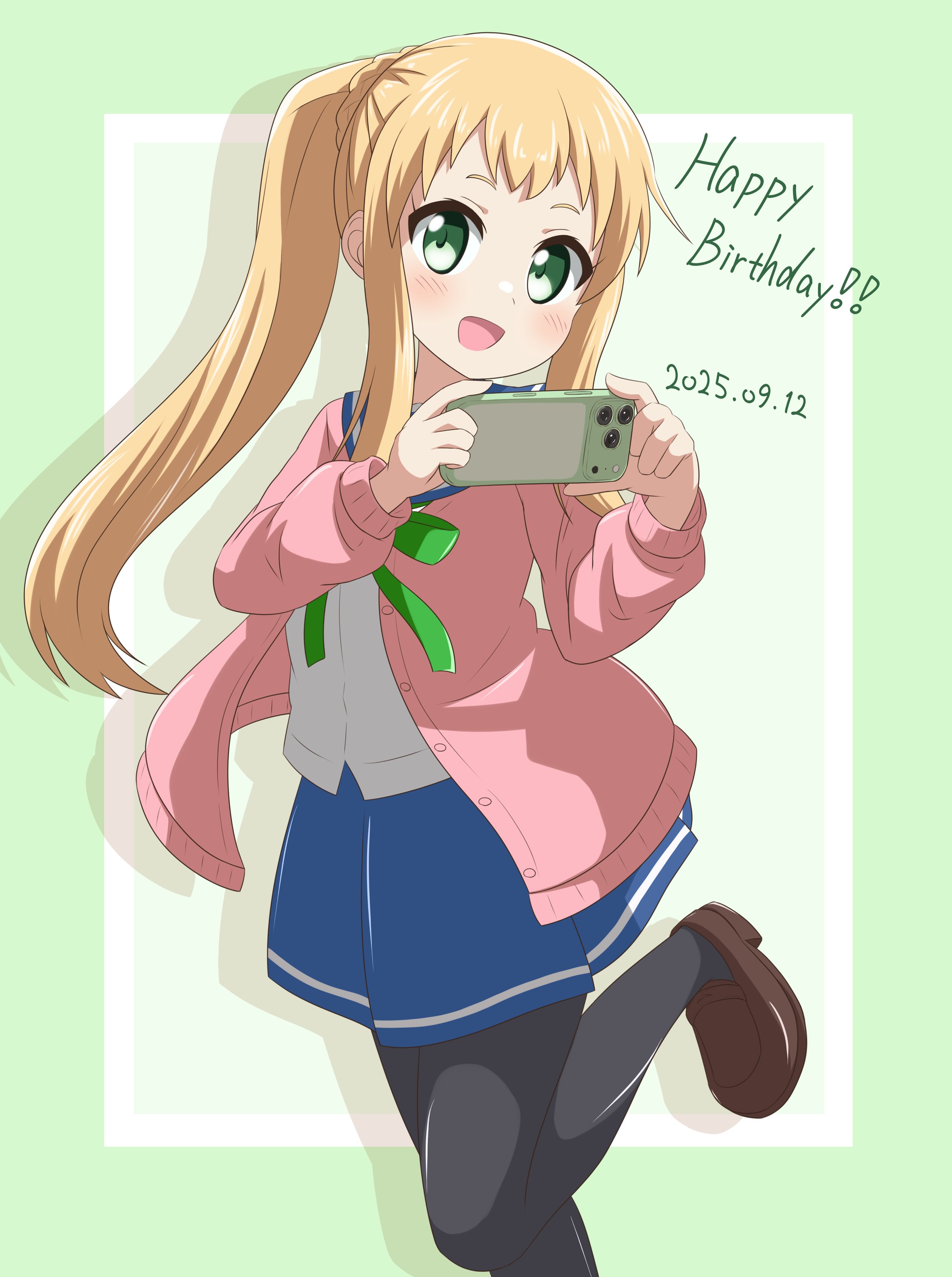 nanog eb1994, inose mai, koisuru asteroid, !, !!, 1girl, 2025, black pantyhose, blonde pubic hair, blue sailor collar, blue skirt, blush, dated, dot nose, english text, feet out of frame, female focus, green background, green eyes, holding, holding phone, long hair, long sleeves, looking at viewer, open clothes, open mouth, pantyhose, phone, pink sweater, ribbon, sailor collar, school uniform, serafuku, shirt, simple background, skirt, solo, standing, standing on one leg, sweater, white shirt