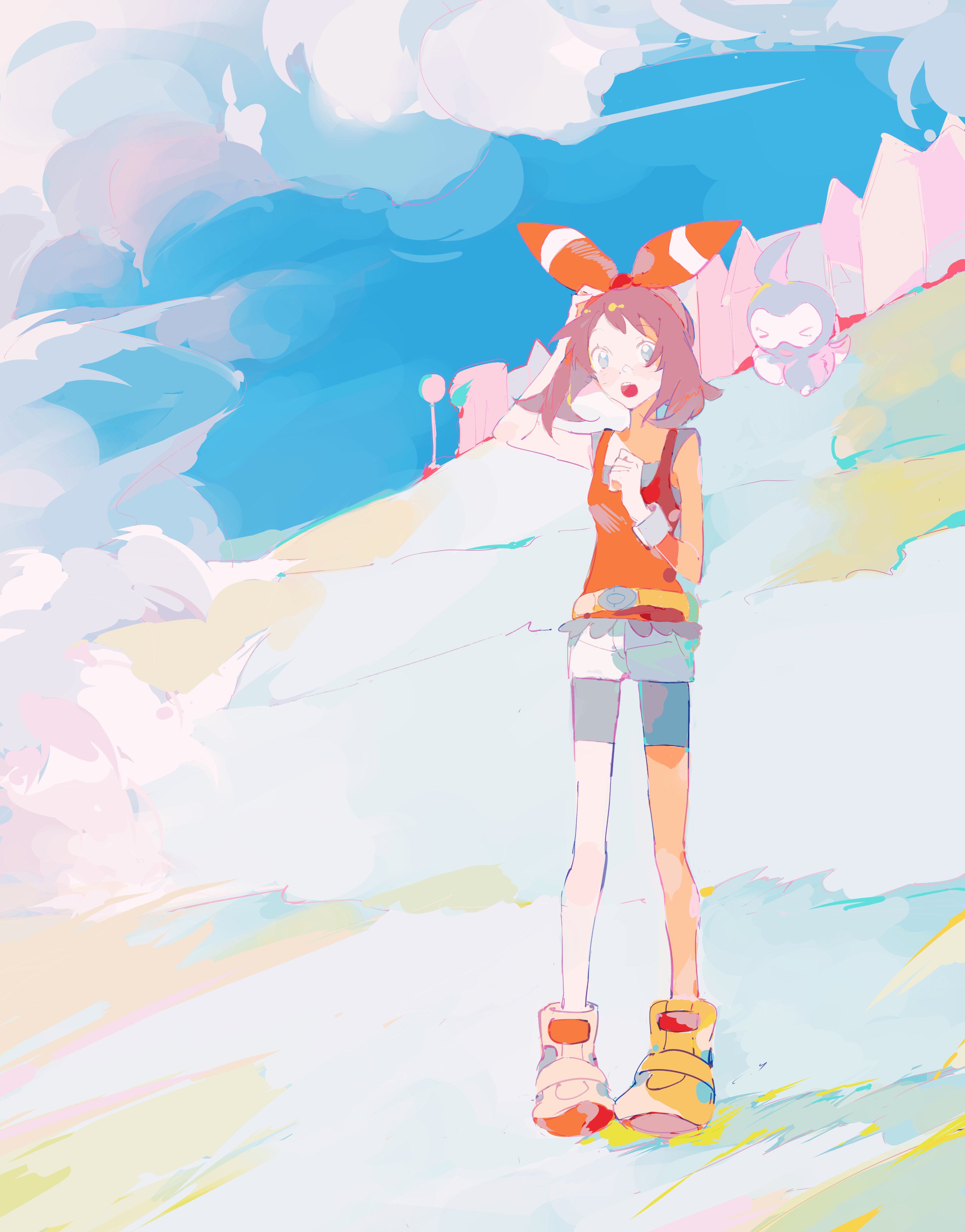 ciuchviicuq, amy rose, castform, castform (normal), nintendo, pokemon, pokemon oras, absurdres, highres, > <, 1girl, :o, belt, blue eyes, blue sky, brown hair, cloud, day, fence, gen 3 pokemon, hairband, multicolored shoes, open mouth, pokemon (creature), red hairband, red shoes, red tank top, shoes, shorts, sidelocks, sky, tank top, teeth, upper teeth only, yellow belt