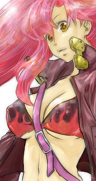 namamochi (namu), namu, yoko littner, tengen toppa gurren lagann, bad id, bad pixiv id, 00s, 1girl, bikini, bikini top only, breasts, brown eyes, female focus, jacket, large breasts, long hair, red hair, solo, swimsuit, underboob