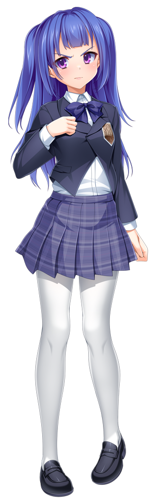 kamitsurugi ouka, sugahara mifuyu, kouyoku senki exs-tia concert, game cg, non-web source, official art, variant set, 1girl, black jacket, blue hair, blush, bow, bowtie, frown, full body, jacket, loafers, long hair, long sleeves, looking at viewer, pantyhose, plaid bow, plaid clothes, plaid skirt, pleated skirt, purple eyes, purple skirt, school emblem, school uniform, shirt, shoes, skirt, solo, standing, tachi-e, transparent background, two side up, white pantyhose, white shirt