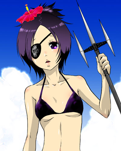 namamochi (namu), namu, chrome dokuro, katekyo hitman reborn!, bad id, bad pixiv id, lowres, 00s, 1girl, bikini, cloud, day, eyepatch, female focus, flower, hair flower, hair ornament, hibiscus, polearm, purple bikini, purple eyes, purple hair, short hair, sky, solo, spear, swimsuit, trident, upper body, weapon