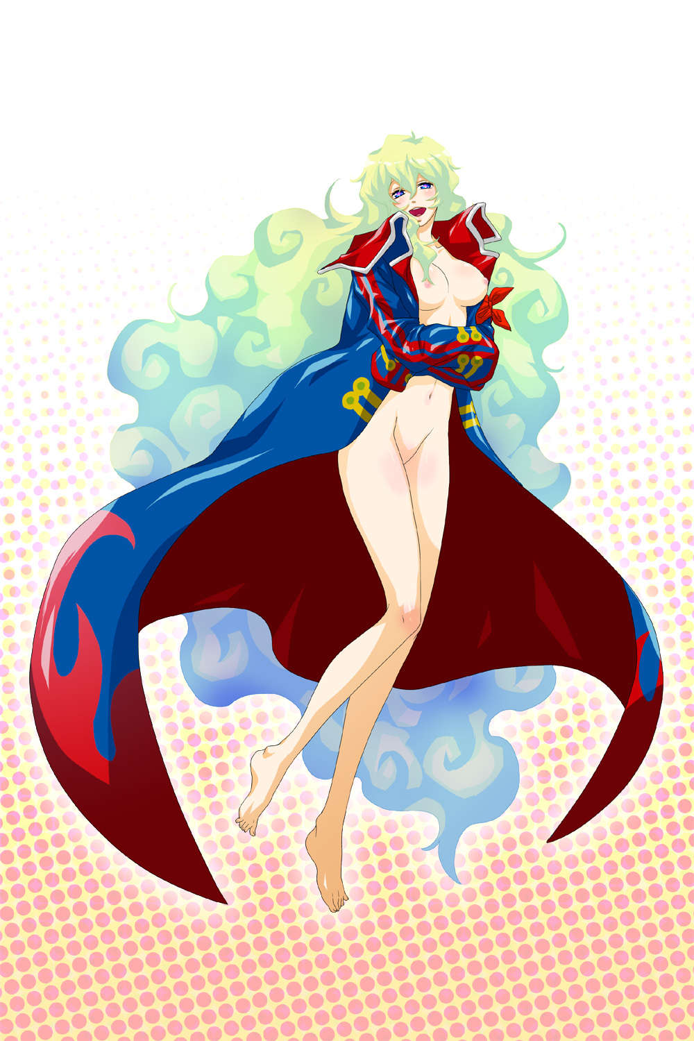namamochi (namu), namu, nia teppelin, tengen toppa gurren lagann, bad id, bad pixiv id, highres, 00s, 1girl, barefoot, blue eyes, blue hair, blush, borrowed clothes, breasts, cape, coat, feet, female focus, groin, long hair, matching hair/eyes, medium breasts, multicolored hair, naked cape, naked coat, nipples, no bra, nude, solo, very long hair