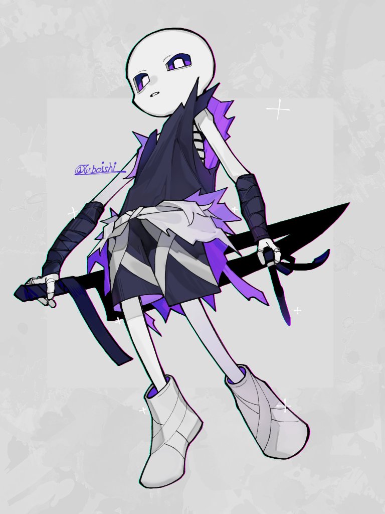 mei (tuboishi), sans (undertale), undertale, utdr (toby fox), xtale, commentary, english commentary, 1boy, alternate universe, ankle boots, bandaged arm, bandages, black shirt, black shorts, boots, chromatic aberration, clothes around waist, colored sclera, from below, full body, grey background, holding, holding knife, jacket, jacket around waist, knife, looking at viewer, male focus, parted lips, purple sclera, shirt, shorts, simple background, skeleton, sleeveless, sleeveless shirt, solo, sparkle, standing, twitter username, white boots, white eyes, white jacket