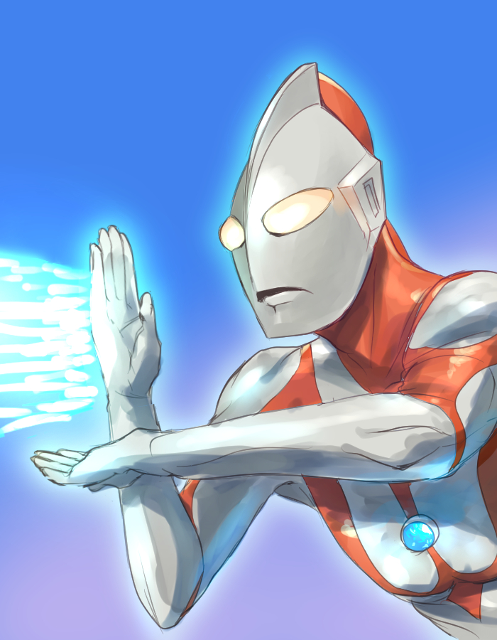 shungyou, ultraman, ultra series, ultraman (1st series), commentary, 1boy, alien, blue background, collarbone, color timer, colored skin, compound eyes, crossed wrists, dorsal fin, energy, frown, glowing, glowing eyes, gradient background, hands up, looking ahead, male focus, multicolored skin, no pupils, pectorals, purple background, red skin, silver skin, solo, tokusatsu, toned, toned male, two-tone background, upper body, white eyes