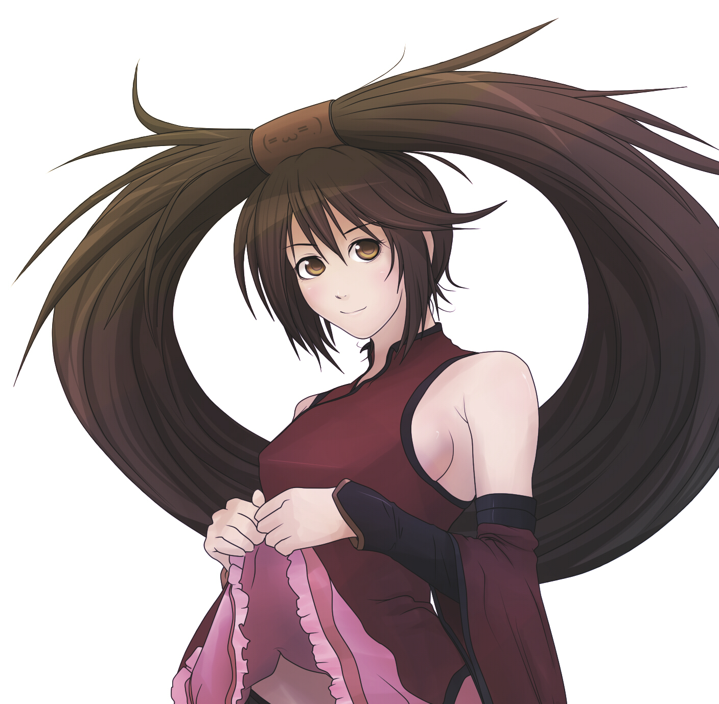 pu-chin, kuradoberi jam, arc system works, guilty gear, highres, 1girl, :3, breasts, brown eyes, brown hair, china dress, chinese clothes, clothes lift, detached sleeves, dress, dress lift, female focus, hair rings, long hair, medium breasts, sideboob, single hair ring, smile, solo