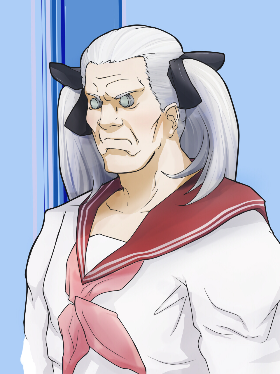 pu-chin, batou (gits), hiiragi kagami, ghost in the shell, lucky star, highres, 1boy, blush, cosplay, crossdressing, crossdressing (mtf), cyborg, hair ribbon, hiiragi kagami (cosplay), male focus, manly, muscular, ribbon, school uniform, serafuku, solo, twintails, white hair