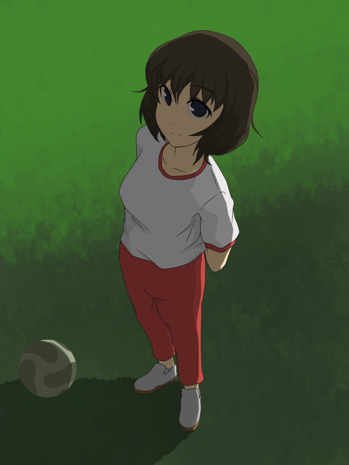 pu-chin, fujisawa yoshiko, captain tsubasa, highres, ball, blue eyes, brown hair, europass, gym uniform, short hair, smile, soccer ball, solo