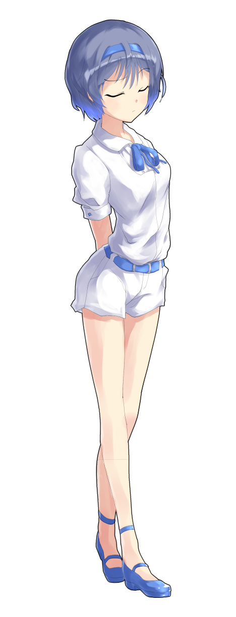 dairi, suzuki tsudumi, cevio, commentary request, highres, large variant set, variant set, 1girl, ankle strap, arms behind back, bare legs, belt, blue belt, blue boots, blue hair, blue headband, blue ribbon, boots, breasts, closed eyes, closed mouth, collared shirt, eyelashes, facing ahead, full body, gradient hair, hair between eyes, headband, light frown, mary janes, medium breasts, multicolored hair, neck ribbon, ribbon, shirt, shoes, short hair, short shorts, short sleeves, shorts, sidelocks, simple background, solo, standing, tachi-e, transparent background, white shirt