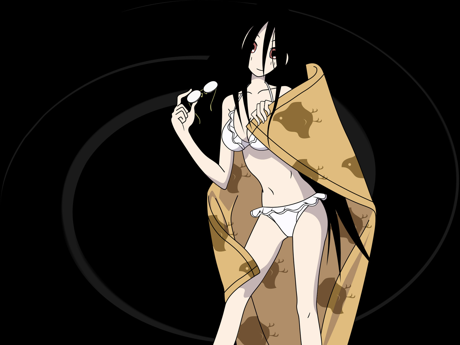 kumeta kouji, komori kiri, sayonara zetsubou sensei, highres, 00s, 1girl, bikini, black hair, black theme, blanket, breasts, brown eyes, cleavage, female focus, frilled bikini, frills, glasses, hair over eyes, holding, holding removed eyewear, long hair, medium breasts, pale skin, smile, solo, swimsuit, unworn eyewear, very long hair