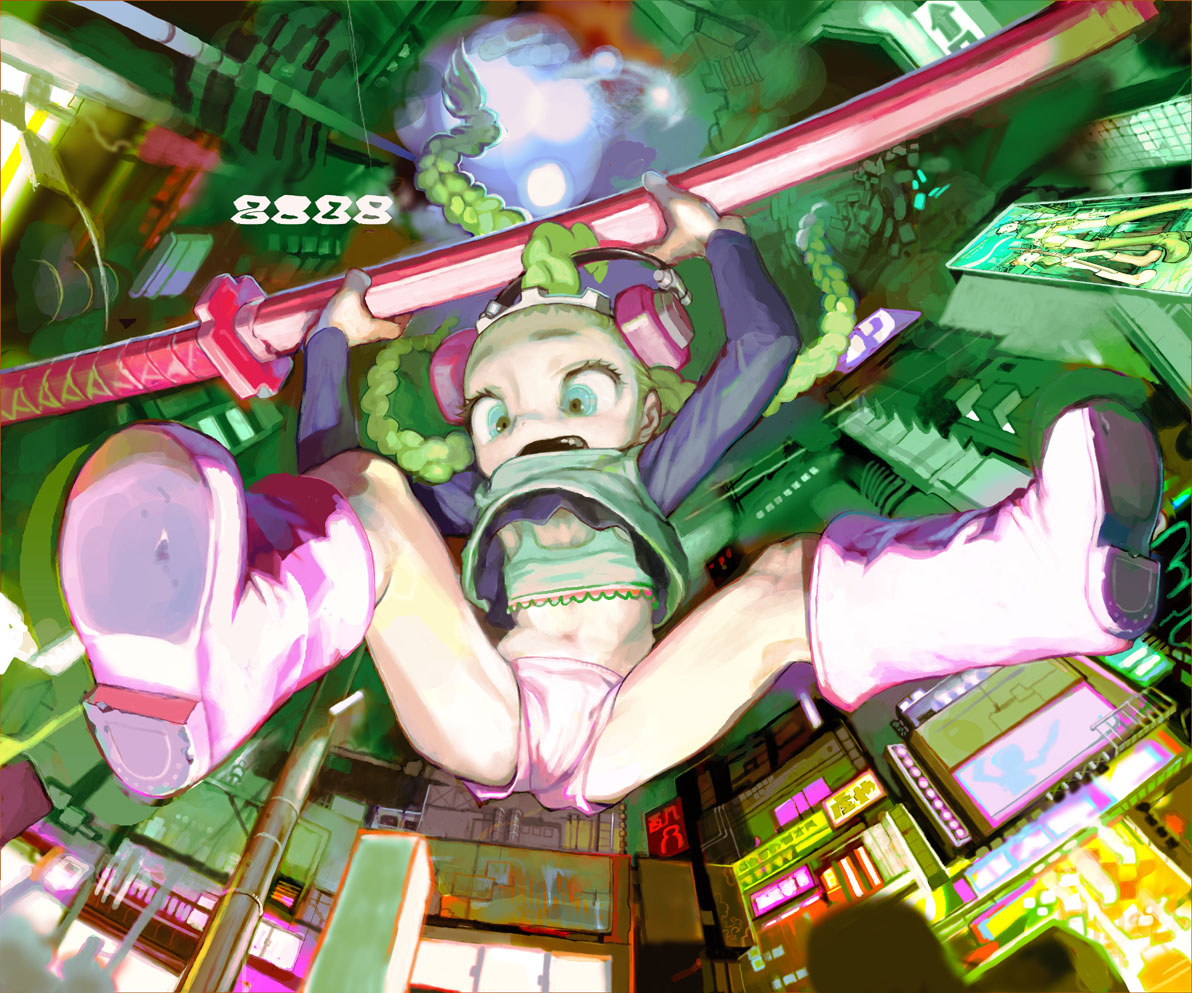 kawaguchi youhei, original, braid, falling, green eyes, green hair, headphones, solo, sword, weapon