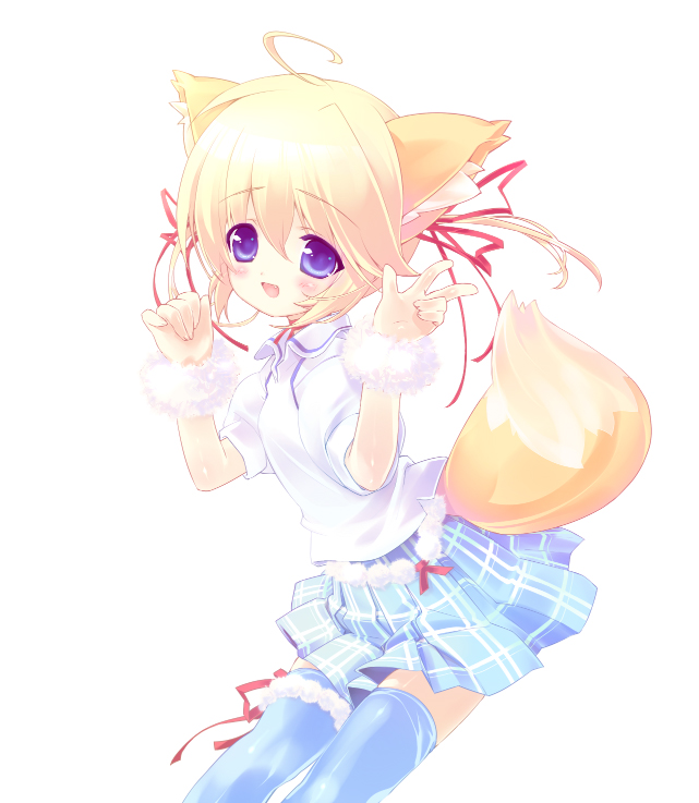 ashishun, takase yuu, 1girl, ahoge, animal ears, blonde hair, blue eyes, blush, female focus, fox ears, short hair, skirt, solo, tail, thighhighs, v