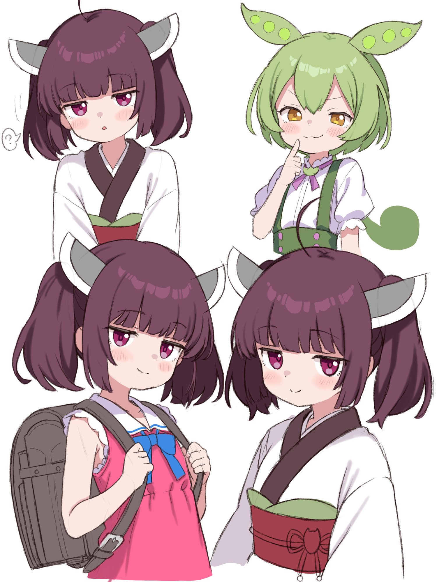 nattocurryumeee, touhoku kiritan, zundamon, voiceroid, voicevox, highres, 2girls, ?, ahoge, backpack, bag, blunt bangs, brown hair, closed mouth, dress, finger to mouth, green hair, grey bag, headgear, japanese clothes, jitome, kimono, light blush, looking at viewer, multiple girls, multiple views, obi, parted lips, pink dress, randoseru, sash, school bag, shirt, short hair, sidelocks, simple background, sleeveless, sleeveless dress, smile, spoken question mark, suspenders, twintails, white background, white kimono, white shirt, yellow eyes
