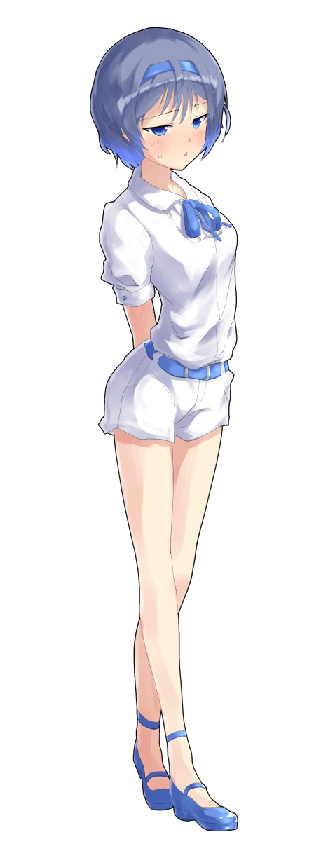 dairi, suzuki tsudumi, cevio, commentary request, highres, large variant set, variant set, 1girl, ankle strap, arms behind back, bare legs, belt, blue belt, blue boots, blue eyes, blue hair, blue headband, blue ribbon, blush, boots, breasts, collared shirt, eyelashes, full body, gradient hair, hair between eyes, half-closed eyes, headband, looking ahead, mary janes, medium breasts, multicolored hair, neck ribbon, open mouth, ribbon, shirt, shoes, short hair, short shorts, short sleeves, shorts, sidelocks, simple background, solo, standing, sweatdrop, tachi-e, transparent background, white shirt