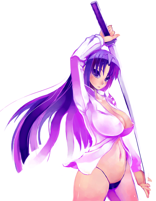 aco (koaya ako), kurugaya yuiko, little busters!, 1girl, breasts, female focus, huge breasts, katana, long hair, midriff, navel, nipple slip, nipples, panties, purple eyes, purple hair, shirt, solo, sword, underwear, weapon