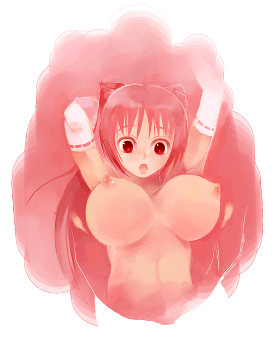 aco (koaya ako), kousaka tamaki, to heart (series), to heart 2, bad id, bad pixiv id, 00s, 1girl, breasts, elbow gloves, female focus, gloves, huge breasts, long hair, nipples, nude, red eyes, red hair, solo, topless frame, upper body, wardrobe malfunction