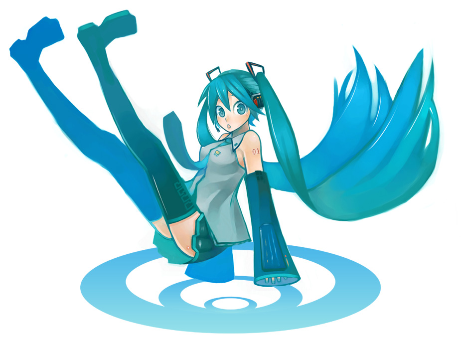 aco (koaya ako), hatsune miku, vocaloid, bad id, bad pixiv id, 1girl, blue eyes, blue hair, detached sleeves, female focus, long hair, matching hair/eyes, necktie, skirt, solo, thighhighs, twintails