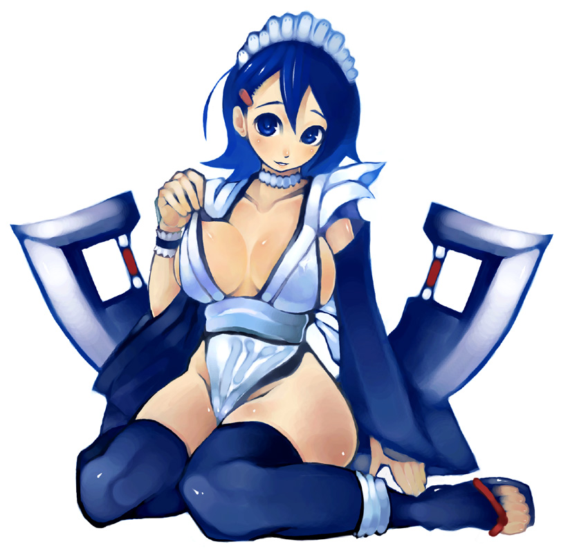 aco (koaya ako), iroha (samurai spirits), samurai spirits, bad id, bad pixiv id, 1girl, blue eyes, blue hair, breasts, female focus, hair ornament, hairclip, kneeling, large breasts, maid, matching hair/eyes, short hair, sideboob, solo, sword, thighhighs, weapon
