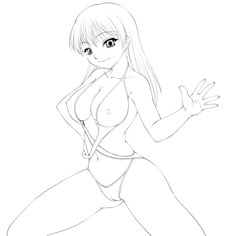 mashue, 1girl, bikini, breasts, cameltoe, cleavage, covered erect nipples, female focus, greyscale, large breasts, lineart, long hair, looking at viewer, monochrome, outline, simple background, smile, solo, swimsuit, white background