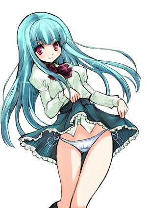 yukiwo, jpeg artifacts, lowres, 1girl, aqua hair, clothes lift, female focus, kneehighs, looking at viewer, panties, red eyes, side-tie panties, skirt, skirt lift, socks, solo, thighs, underwear, upskirt