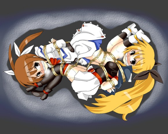 lilish, fate testarossa, takamachi nanoha, lyrical nanoha, mahou shoujo lyrical nanoha, 00s, 2girls, arms behind back, bdsm, blonde hair, bondage, bound, bound legs, bound together, box tie, cleave gag, cloth gag, female focus, gag, gagged, improvised gag, multiple girls, rope, rotational symmetry, sweat, tears, thighhighs