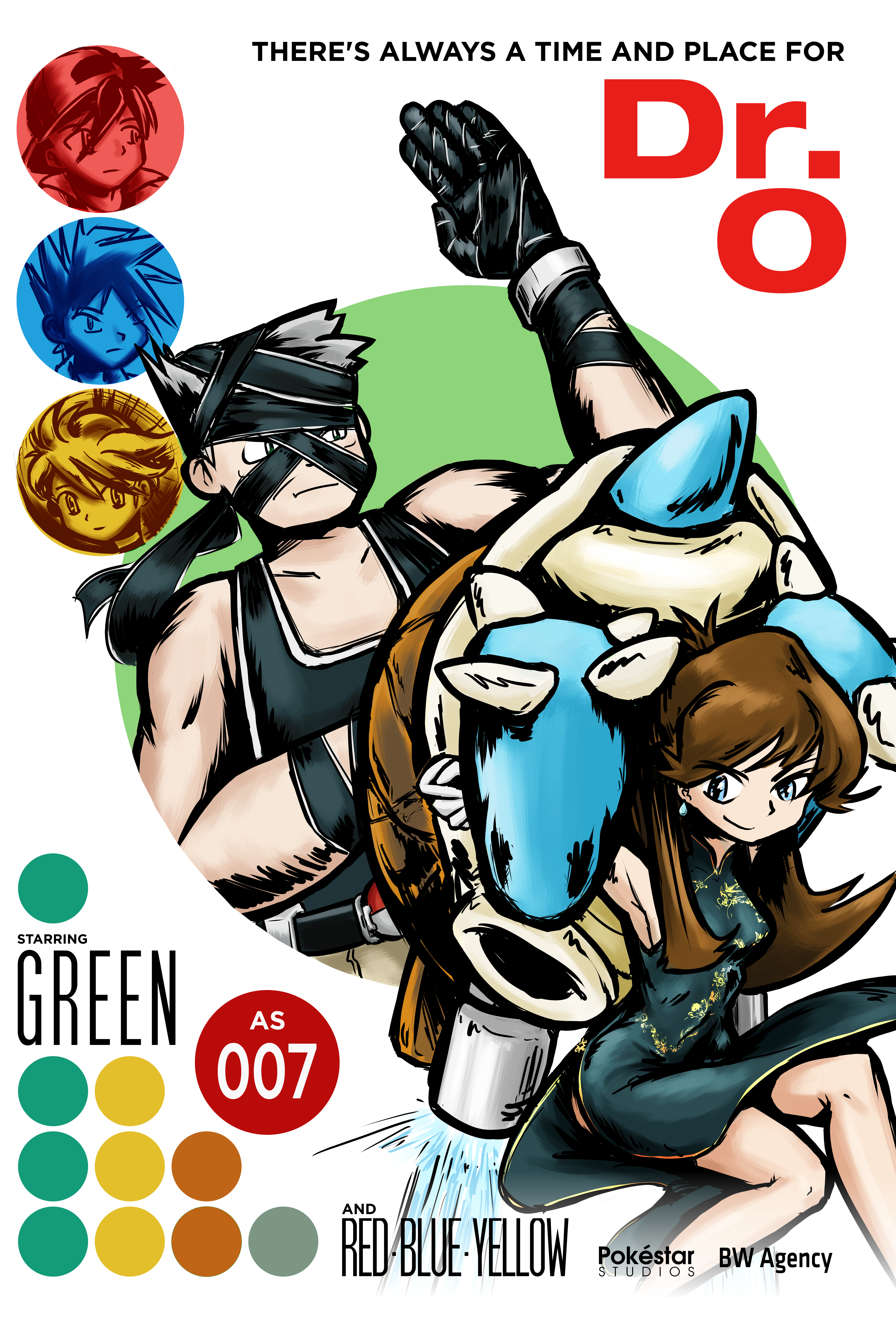 pilosophos, blastoise, blue oak, green (pokemon), professor oak, red (pokemon), yellow (pokemon), 007, nintendo, pokemon, pokemon adventures, highres, 2girls, 3boys, age difference, ahoge, armpits, baseball cap, blue eyes, breasts, brown hair, china dress, chinese clothes, collared dress, dress, earrings, english text, eyelashes, gen 1 pokemon, gloves, grey hair, hat, jetpack, jewelry, karate, knee up, knees, legs, long hair, looking to the side, medium breasts, movie poster, multiple boys, multiple girls, outstretched arms, parody, pendant, ponytail, side slit, sidelocks, sleeveless, sleeveless dress, smirk, spiked hair, teardrop earrings, white gloves