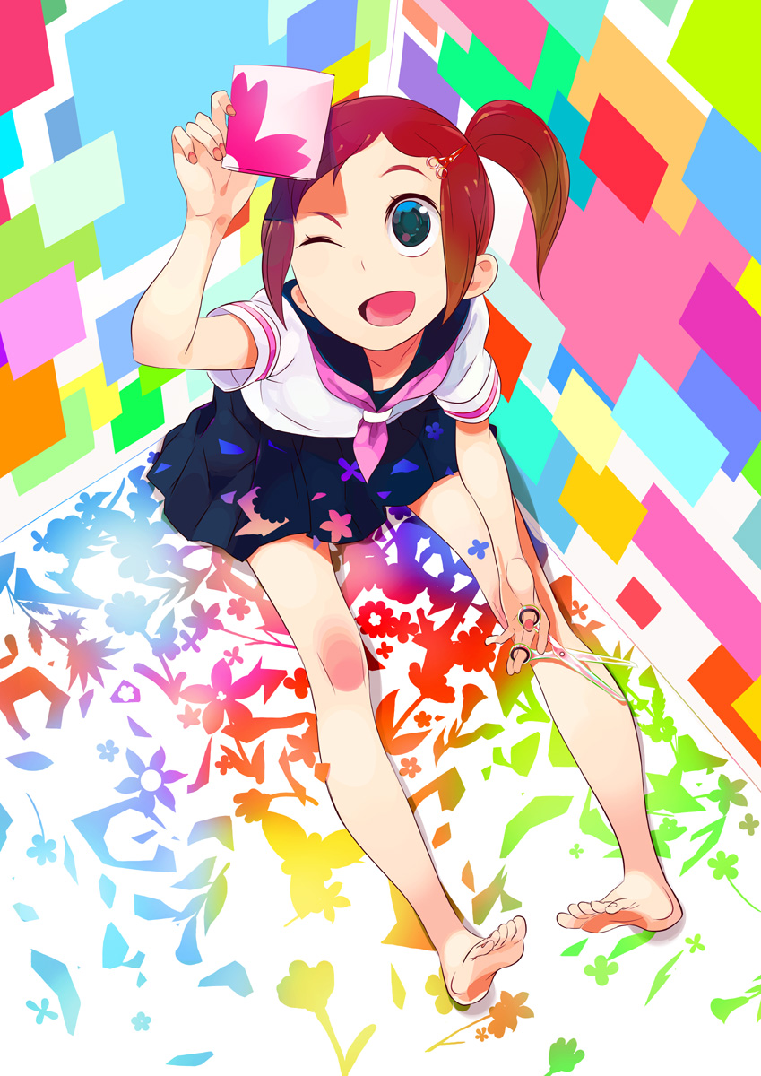 rakuraku, original, highres, 1girl, barefoot, blue eyes, brown hair, colorful, feet, female focus, hair ornament, hairclip, legs, one eye closed, paper, ponytail, red hair, school uniform, scissors, serafuku, short hair, side ponytail, sitting, soles, solo, toes, wink