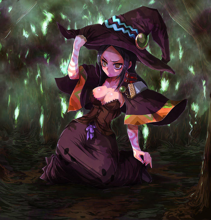kara (color), doctor magus, doctor magus 2, atlus, etrian odyssey, 1girl, @ @, black hair, breasts, cleavage, crazy eyes, dress, female focus, forest, hat, hat tug, kneeling, large breasts, long hair, nature, solo, witch hat