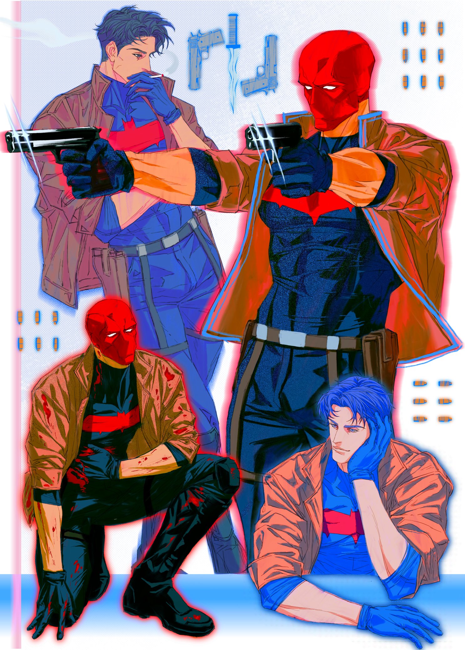 jason todd, red hood (dc), batman (series), dc comics, highres, 1boy, bat signal, batman symbol, black bodysuit, black gloves, black hair, blue eyes, bodysuit, brown jacket, gloves, grey bodysuit, jacket, male focus, muscular, muscular male, open clothes, pants, red hood and the outlaws, red mask, rfnyn17381, short hair, superhero costume, taut bodysuit, two-tone bodysuit