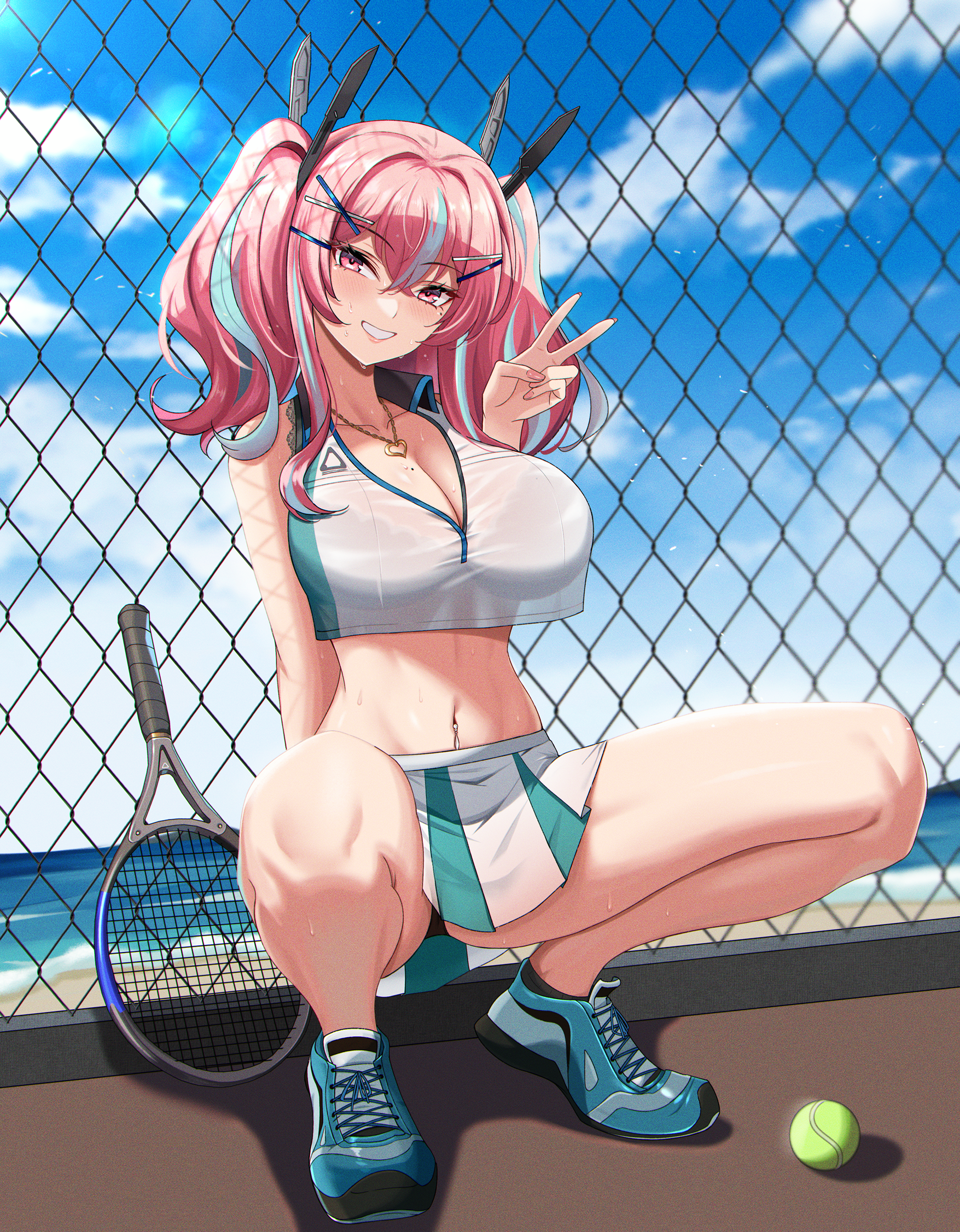 zeukiar, bremerton (azur lane), bremerton (scorching-hot training) (azur lane), azur lane, commentary request, highres, paid reward available, partial commentary, 1girl, ball, bare shoulders, black panties, blue sky, blush, breasts, chain-link fence, cleavage, cloud, collarbone, collared shirt, crop top, crop top overhang, day, fence, full body, green shoes, green skirt, grey hair, grin, groin, hair between eyes, hair intakes, hair ornament, heart, heart necklace, jewelry, large breasts, lens flare, long hair, looking at viewer, midriff, mole, mole on breast, mole under eye, multicolored hair, navel, navel piercing, necklace, ocean, official alternate costume, outdoors, panties, pantyshot, piercing, pink eyes, pink hair, racket, see-through clothes, see-through shirt, shadow, shirt, shoes, sidelocks, skirt, sky, sleeveless, sleeveless shirt, smile, sneakers, solo, sportswear, spread legs, squatting, streaked hair, sweat, teeth, tennis ball, tennis racket, tennis uniform, twintails, two-tone hair, two-tone shirt, two-tone skirt, underwear, v, wet, wet clothes, wet shirt, white shirt, white skirt, x hair ornament