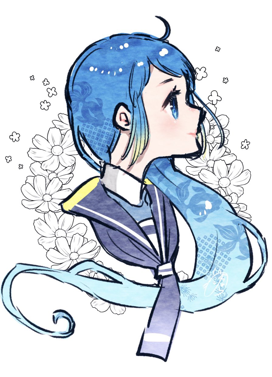nora (salatto), samidare (kancolle), kantai collection, commentary request, highres, 1girl, black neckerchief, black sailor collar, blue eyes, blue hair, flower, long hair, looking to the side, neckerchief, profile, sailor collar, solo, swept bangs, upper body, very long hair