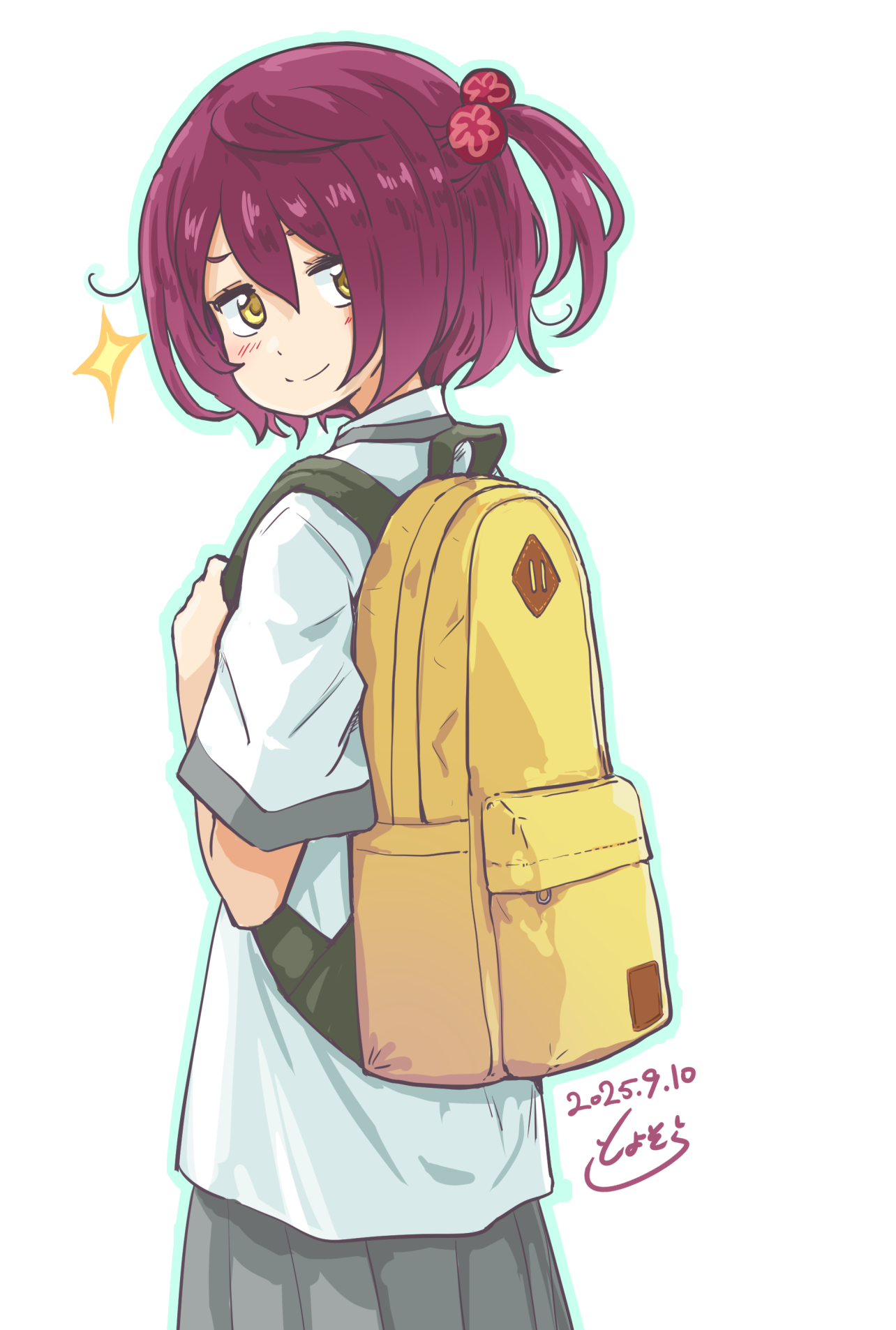 toyosora, komari chika, make heroine ga oo sugiru!, highres, 1girl, collared shirt, dress shirt, from behind, grey skirt, looking at viewer, one side up, pleated skirt, red hair, school uniform, shirt, short hair, simple background, skirt, smile, solo, tsuwabuki high school uniform, white background, white shirt, yellow eyes