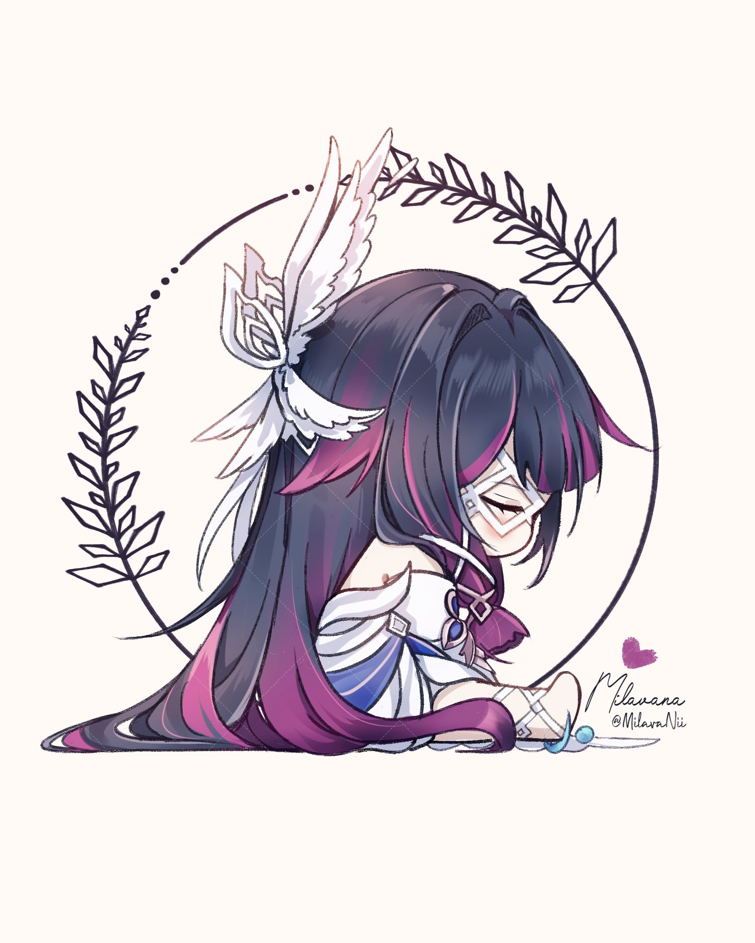 milavana, columbina (genshin impact), genshin impact, commentary, highres, 1girl, black hair, blush, chibi, chibi only, closed eyes, from side, full body, long hair, multicolored hair, purple hair, signature, simple background, sitting, solo, twitter username, very long hair, white background