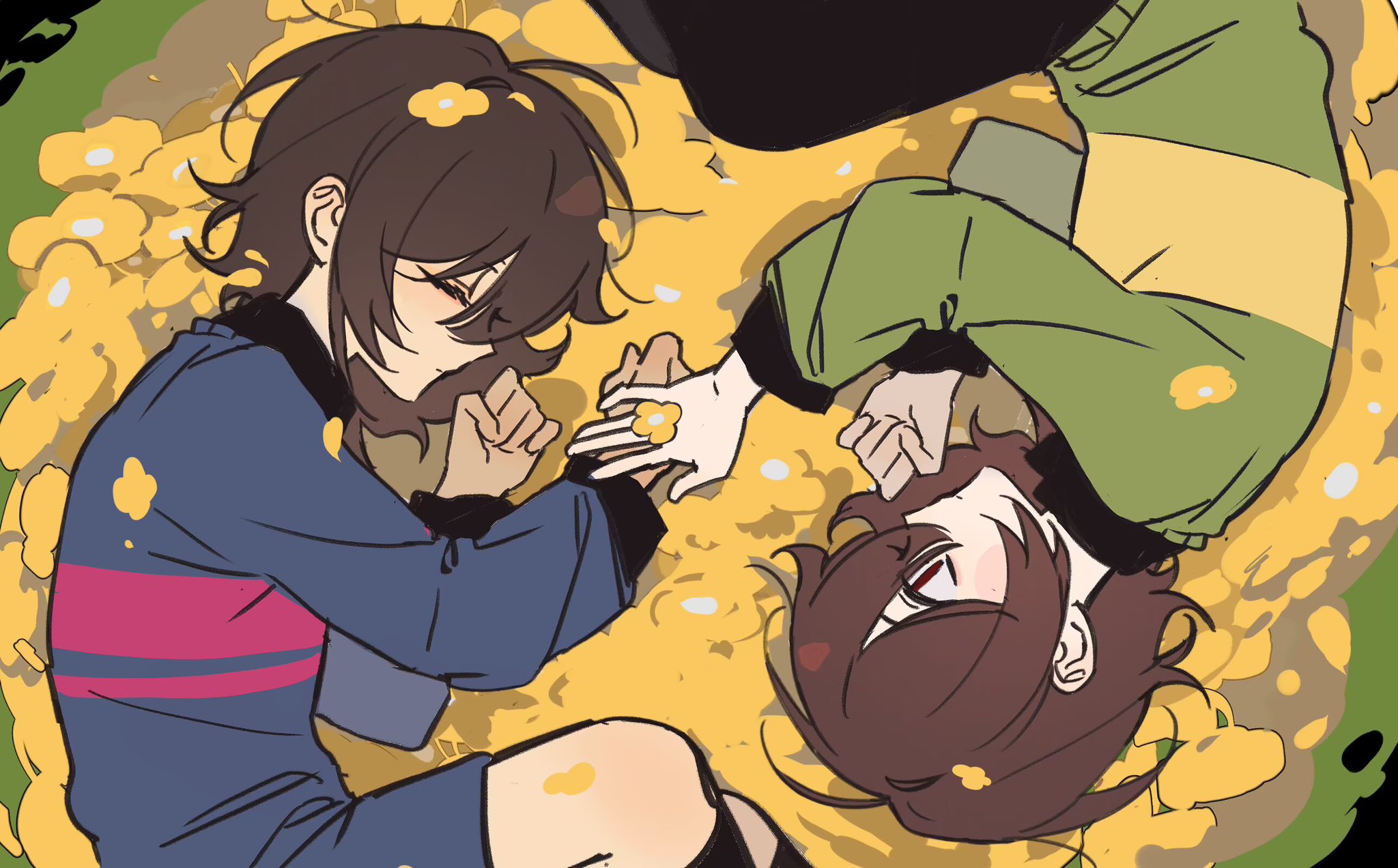 nuobeiyhengaoxingrenshini, chara (undertale), frisk (undertale), undertale, utdr (toby fox), highres, 2others, ||/, black pants, black shirt, black socks, blue shorts, blue sweater, brown hair, closed eyes, closed mouth, collared shirt, expressionless, feet out of frame, field, flower, flower field, from side, green sweater, hair flower, hair ornament, hair spread out, hand on another's hand, hands up, kneehighs, layered sleeves, looking at another, lying, multiple others, on side, other focus, pants, pink sweater, profile, red eyes, shirt, short hair, shorts, socks, striped clothes, striped sweater, sweater, two-tone sweater, u u, yellow flower, yellow petals, yellow sweater