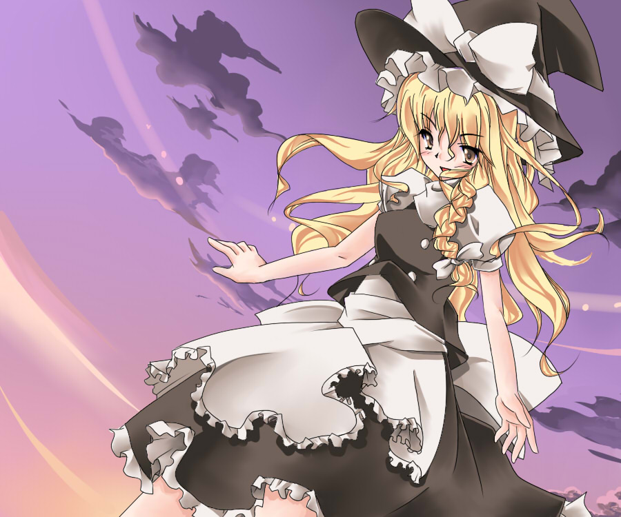 hazuki m, kirisame marisa, touhou, bad id, bad pixiv id, 1girl, blonde hair, female focus, gradient background, hat, long hair, outdoors, ribbon, skirt, sky, solo