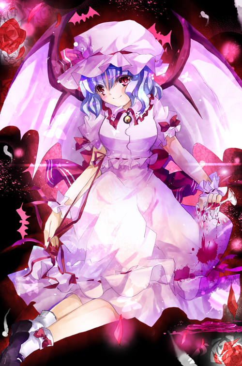 aquamarine, remilia scarlet, touhou, 1girl, blue hair, female focus, gradient background, hat, ribbon, short hair, solo, wings